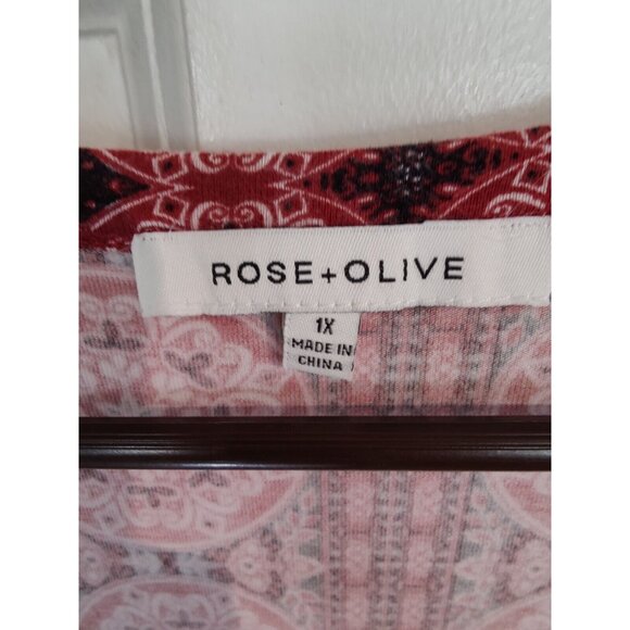 Rose + Olive Scoop Neck Boho Red Black Chiffon Trim 3/4-Sleeve Top 1X - Picture 3 of 4